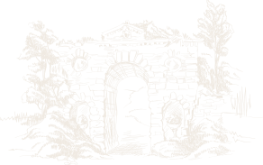 a line drawing of a stone arch from the courti estate.