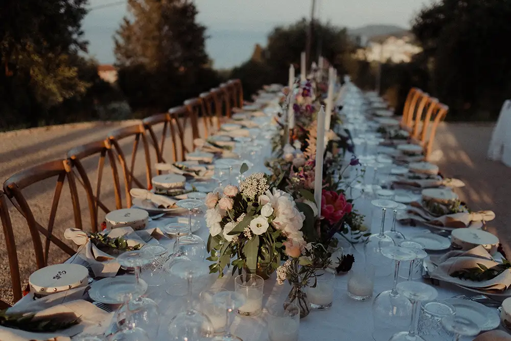 Floral decorations on a wedding reception table.