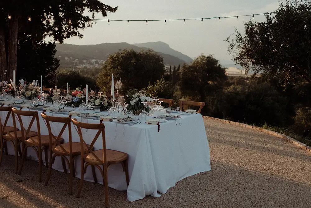 Wedding seating plan overlooking mountain and sea views.