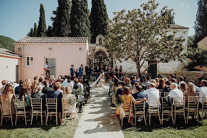 Wedding ceremony in the garden at The Courti Estate.