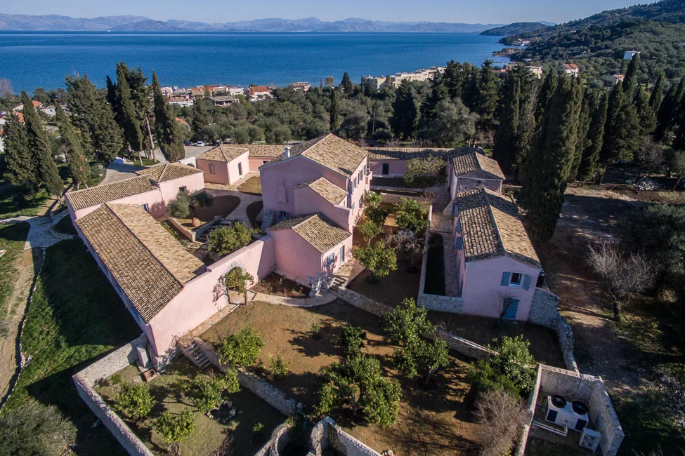 Aerial view of The Courti Estate, and surrounding villages overlooking the sea and mountains.