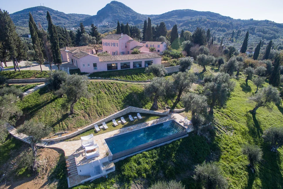Aerial view of The Courti Estate, with Infinity pool in garden